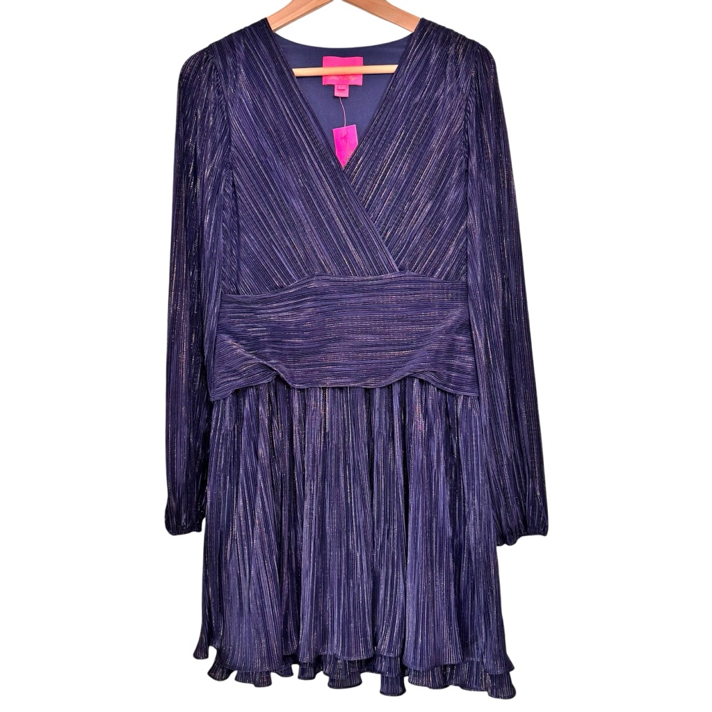 Lilly Pulitzer Jessamie Metallic Long Sleeve Dress Size 6 Nwt Navy Blue Pleated